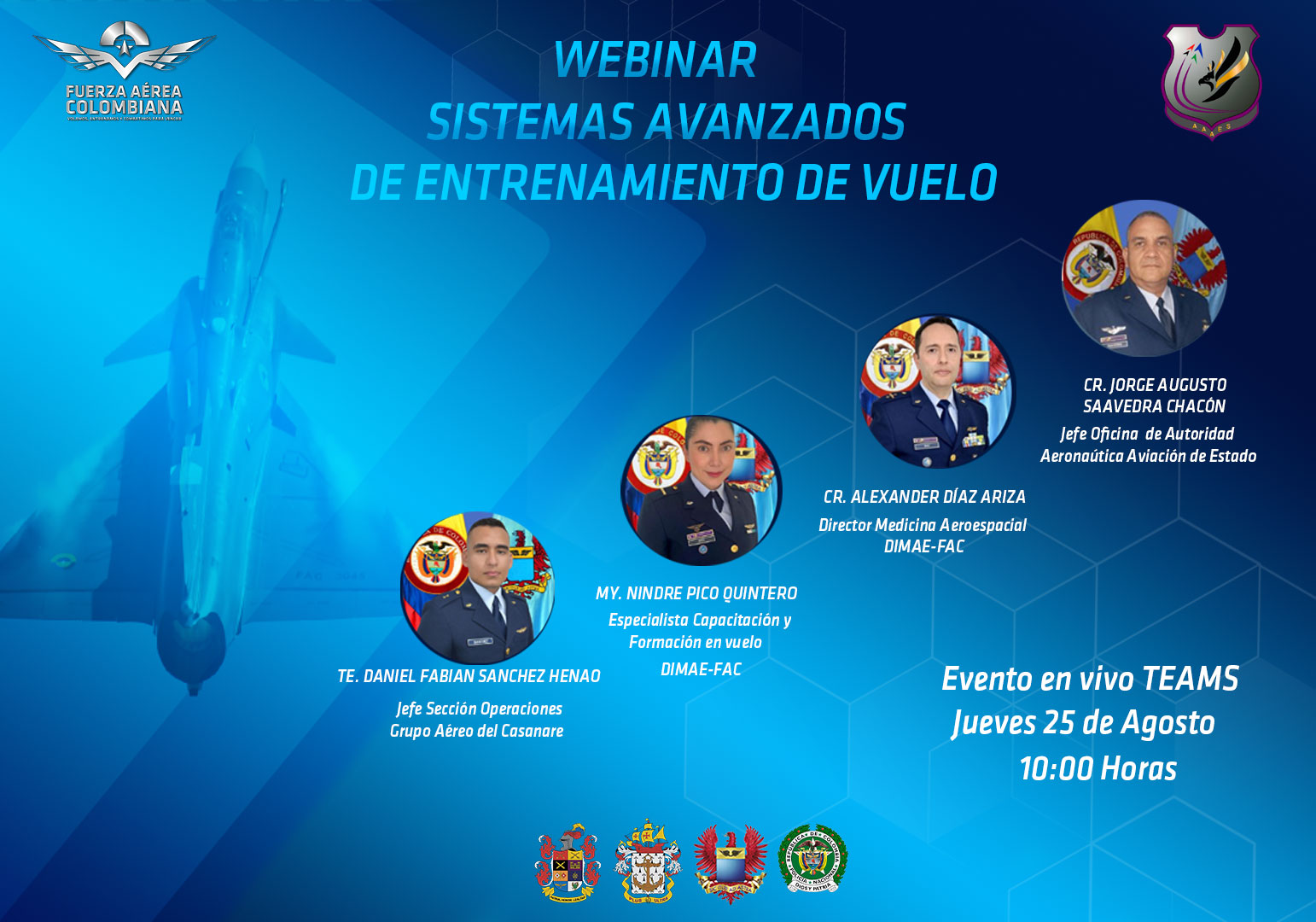 Invitación a webinar "Sistemas Avanzados de Entrenamiento de Vuelo" organizado por la Fuerza Aérea Colombiana