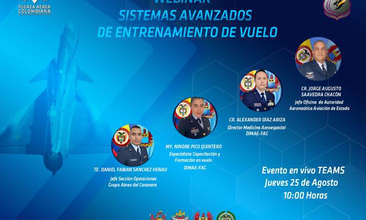 Invitación a webinar "Sistemas Avanzados de Entrenamiento de Vuelo" organizado por la Fuerza Aérea Colombiana