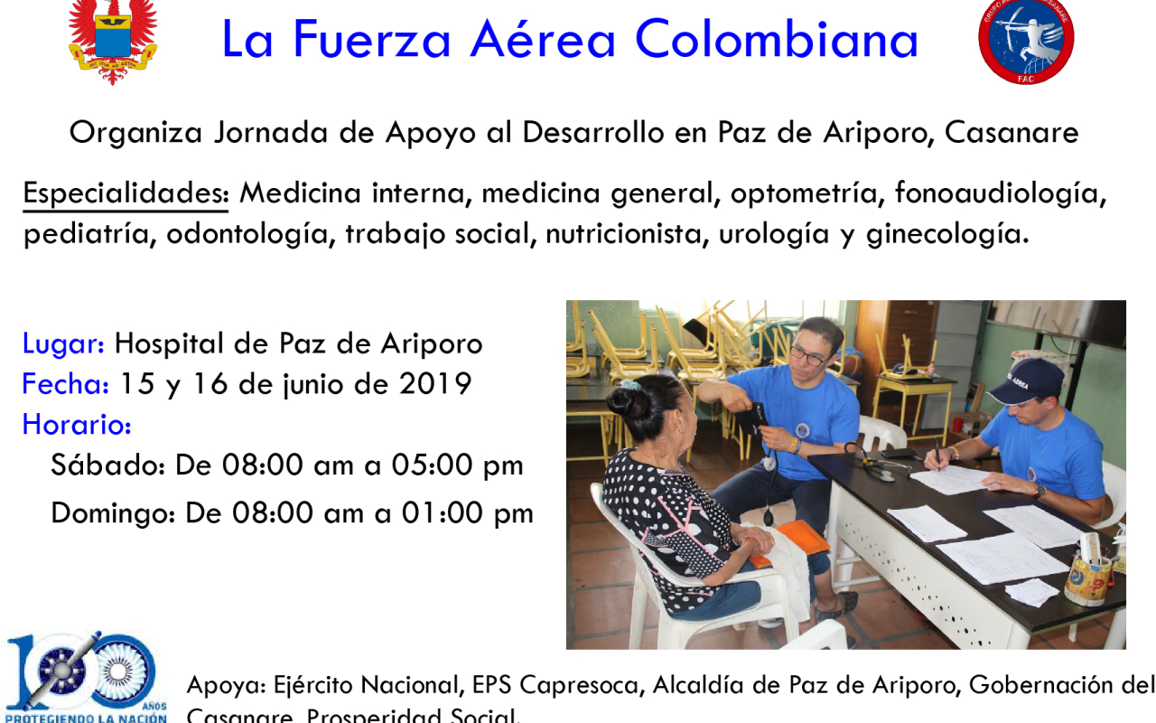 Este fin de semana Fuerza Aérea llevará una jornada de apoyo al Desarrollo a Paz de Ariporo, Casanare