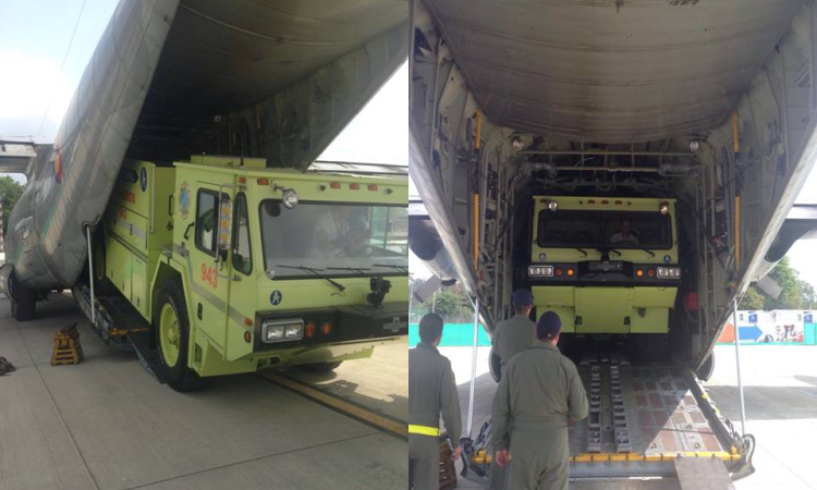 Máquina de bomberos llega a Ipiales en Hércules de la Fuerza Aérea