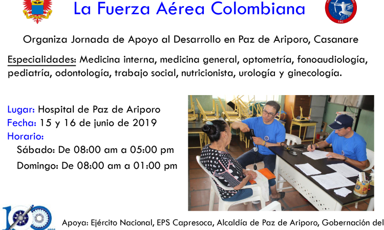 Este fin de semana Fuerza Aérea llevará una jornada de apoyo al Desarrollo a Paz de Ariporo, Casanare