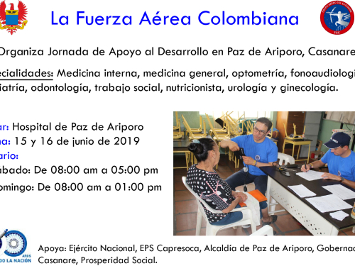 Este fin de semana Fuerza Aérea llevará una jornada de apoyo al Desarrollo a Paz de Ariporo, Casanare