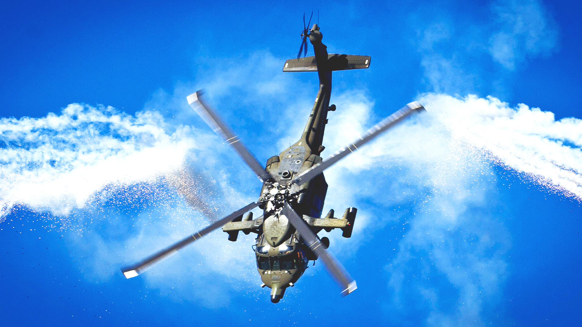 Maniobra Despedida ejecutada por el Equipo Acrobático Arpía 51. El helicóptero asciende en retroceso para luego inclinarse en la vertical a 90 grados y hacer el lanzamiento de bengalas.