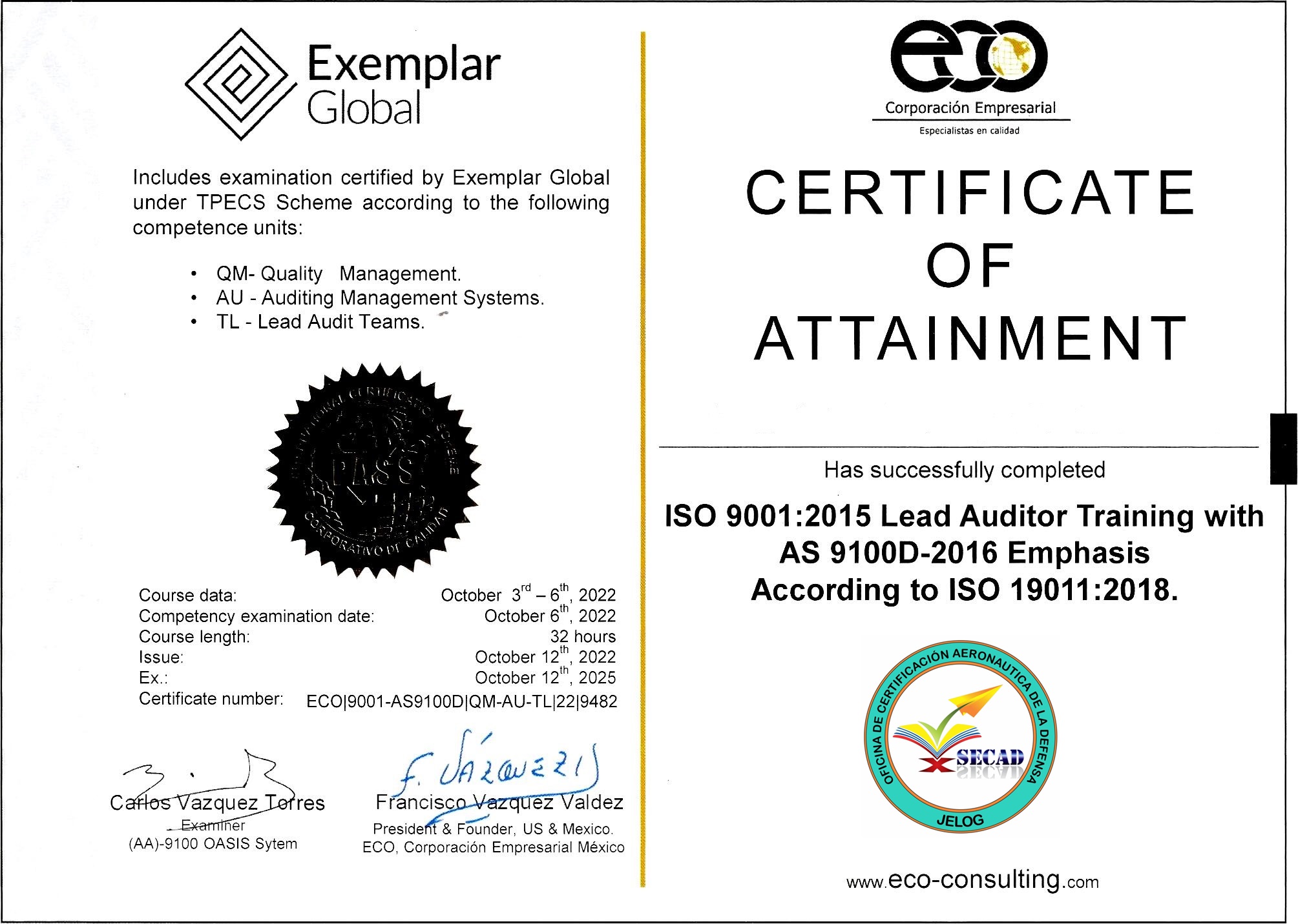 Certificación Auditores AS9100 otorgado a personal SECAD
