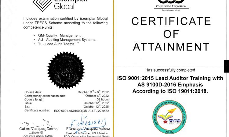 Certificación Auditores AS9100 otorgado a personal SECAD